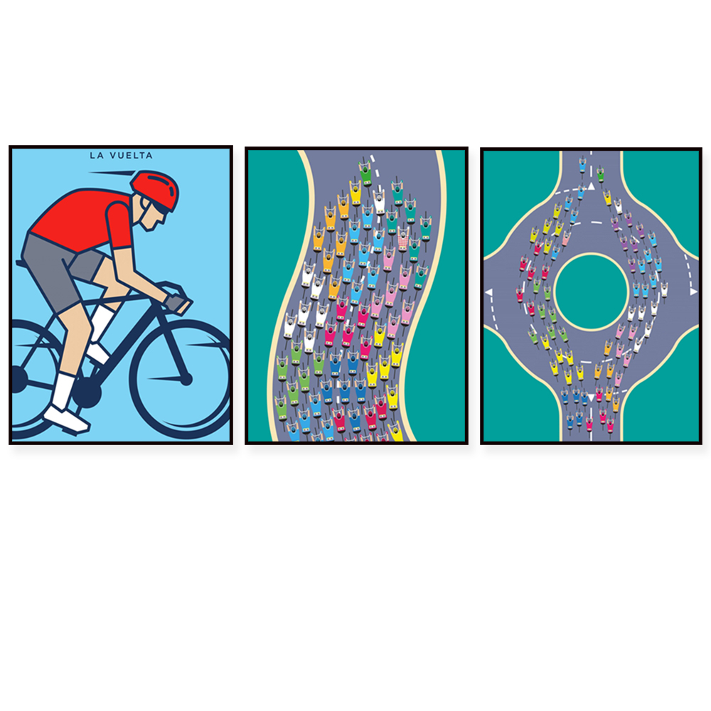 Mountain Biking Europe - Mountainbike-Druck, Radrennrouten-Karte, Kunstwerk mit buntem Trikot,